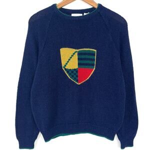 Vintage Cheryl Tiegs Women’s Preppy Navy Crest Knit Pullover Sweater Size M